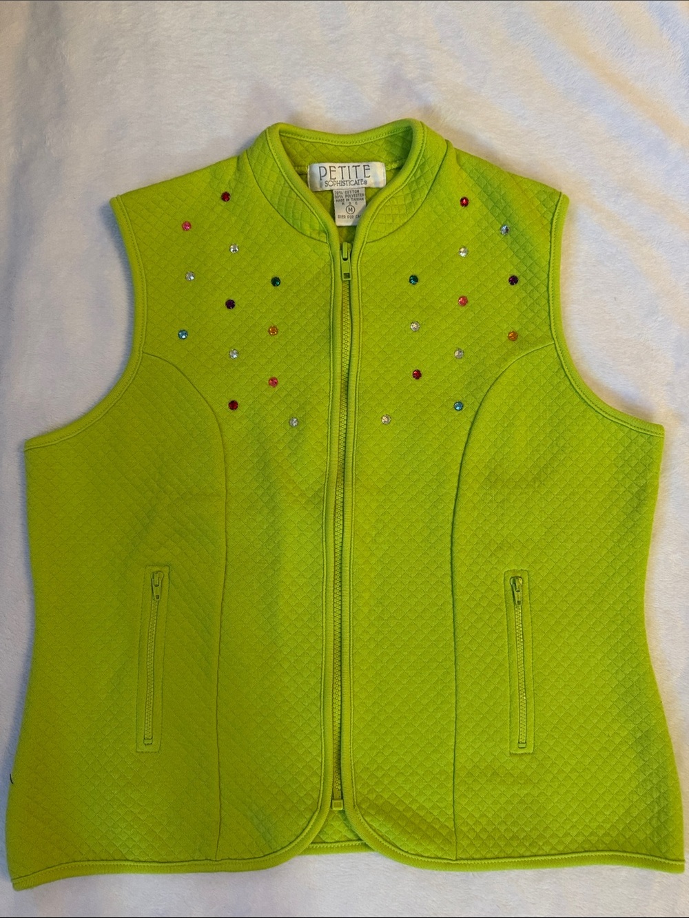 Petite Sophisticate Lime Green Quilted Vest with Multicolor Rhinestones